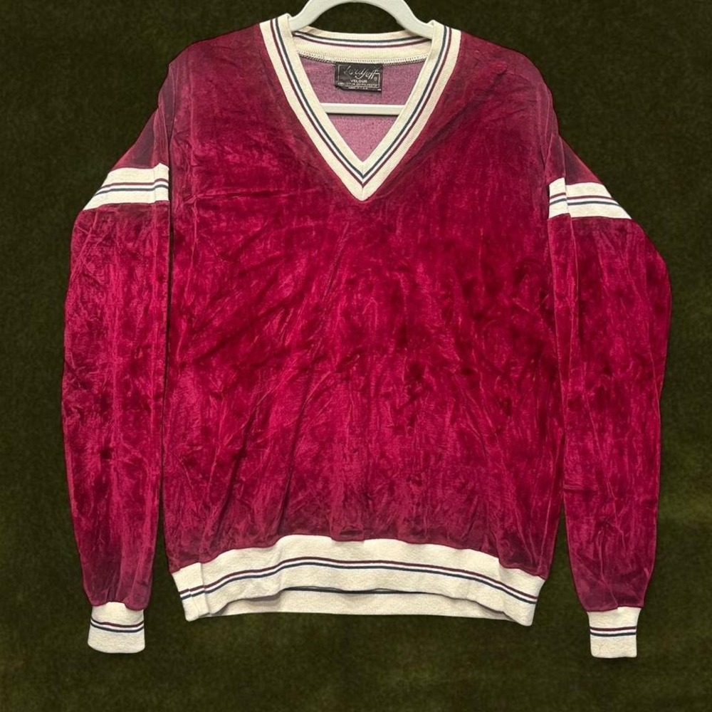 TRUE VINTAGE 1970s Varsity Style Lord Jeff Burgundy Velour V-Neck Sweater XL/XXL